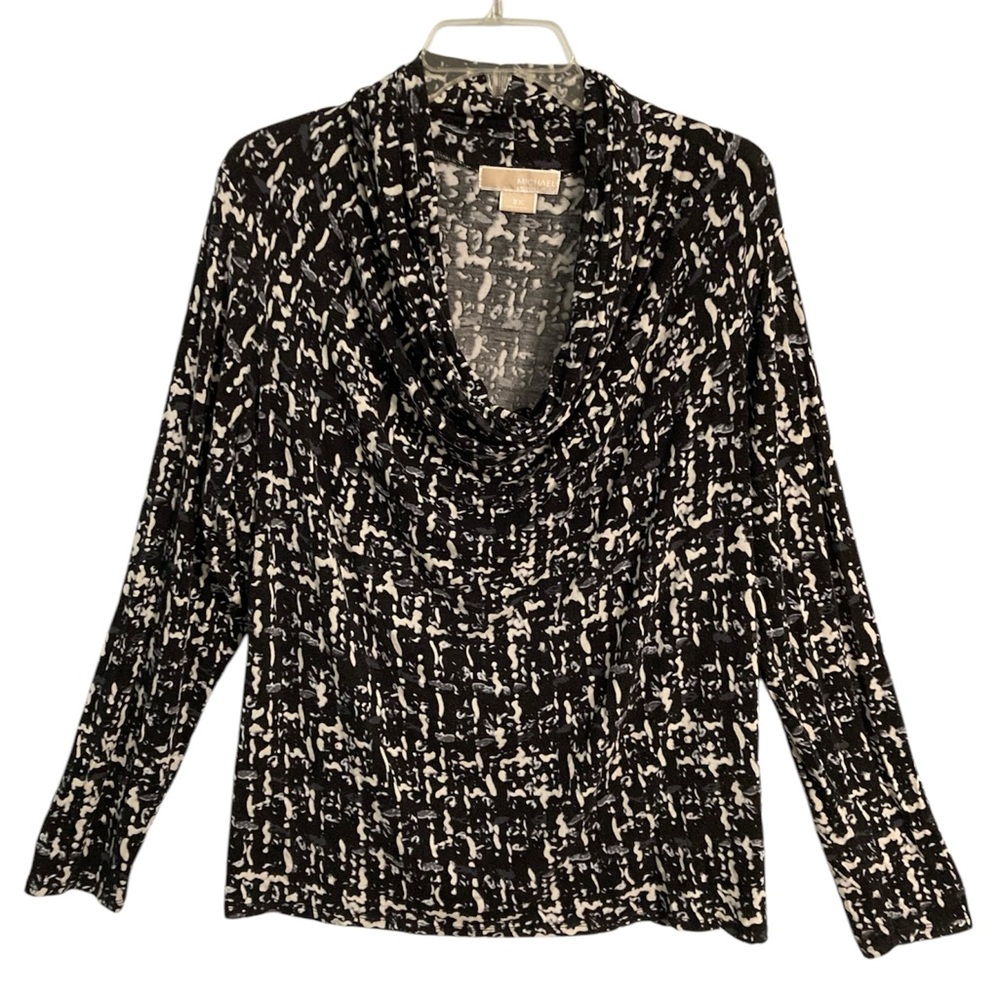 Michael Kors Black and White Drape Cowl Neck Long Sleeve Top Size 2X
